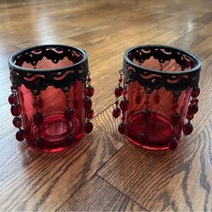 Set Of 2 Red Decorative Beaded Votive Candle Holders